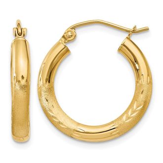 Diamond2Deal 14k Gold Satin & Diamond-cut 3x20mm Round Hoop Earrings