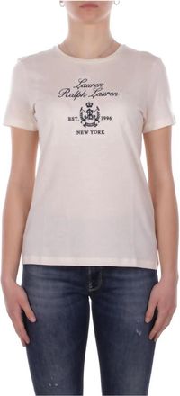 Ralph Lauren Logo Bedrukte T-Shirt met Ronde Hals - Dames - T-shirts - Beige - L - Katoen - Tops