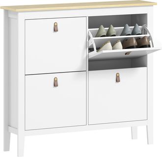 OEM Zapatero Estrecho Con 4 Compartimentos Y Tiradores De Cuero Pu Para Pasillo Y Recibidor 105x24x95,5 Cm Blanco Y Madera