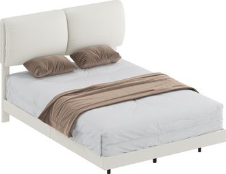 HOMCOM Homcom Cama Doble De 135x190 Cm, Marco De Cama Con Cabecero Acolchado, Efecto Flotante, Estructura Met&aacute;lica, Lamas De Madera, Silencioso, Beige