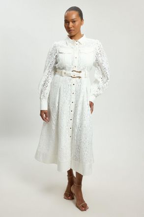 Karen Millen Womens Plus Size Cotton Cutwork Woven Shirt Midi Dress - White - Size 20 UK