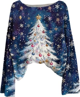 Generic Christmas Tunic Tops for Women Novelty Christmas Jumper UK Long Sleeve Boat Neck Textured Tops Gradient Snowflake and Xmas Tree Print Pullover for Win