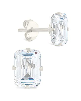 Sterling Forever Silver Cz Emerald Cut Prong Set Stud Earrings