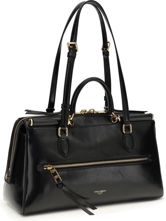 Dolce & Gabbana Womens Handbag Vittoria Black-Brass Calf Leather Shoulder Bags Black/brass