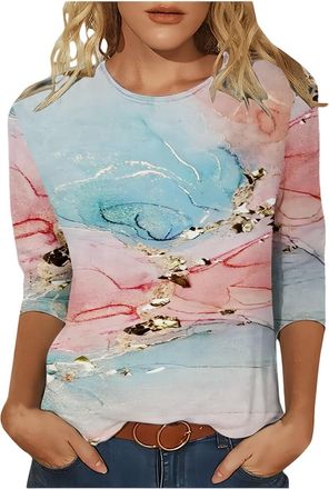 Generic 3/4 Sleeve Tops for Women UK, Ladies Blouse V Neck T Shirts 3/4 Sleeve Shirts Summer Fashion 2025 Crewneck Floral Business Blouses Navy T for Women UK