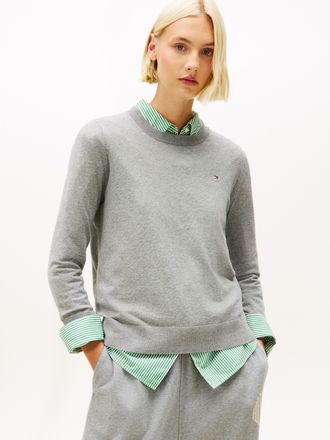 Tommy Hilfiger Rundhalspullover TOMMY HILFIGER CO JERSEY STITCH LS C-NK SWT, Damen, Gr. XXL (44), med erdgrau, Strick, Obermaterial: 67% Baumwolle, 33% Polyamid, mel