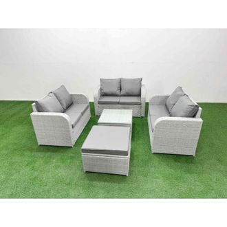 Fimous 7 Seater pe Wicker Rattan Furniture Sofa Sets with Square Coffee Table 2 Seater Love Sofa Big Footstool Light Grey - Fimous
