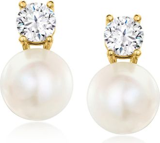Ross-Simons Italian 9.5-10mm Cultured Pearl and CZ Drop Earrings in 18kt Gold Over Sterling