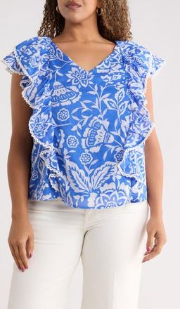 Sugarlips Marny Floral Ziva Ruffle Blouse in Blue White at Nordstrom, Size 3 X