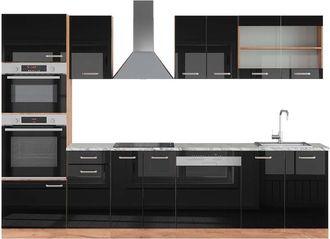 Vicco Mueble De Cocina R-line, Roble Negro/dorado De Alto Brillo, 300 Cm Con Armario Alto, Et M&aacute;rmol, Vicco