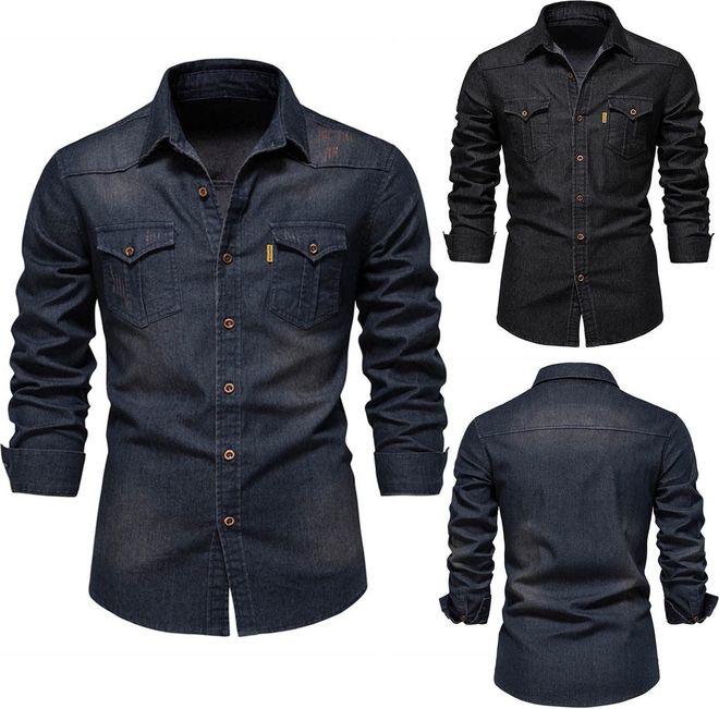 Mens Button Down Denim Shirt Long Sleeve Lapel Jean ShirtUrban Stylish Casual Business Slim Fit Denim Shirts with Chest Pockets Black