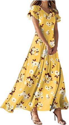Generic Summer Dresses for Women UK Empire Waist Comfy Boho Floral Print V Neck Ladies Maxi Dress Beach Swing Long Dresses Slim Fit A Line Wrap Flowy Dress wi