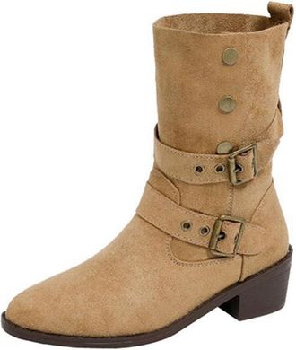 Generic Womens Ankle Boots Casual Faux Suede Short Booties Stylish Solid Color Buckle Retro Comfortable Slip On Chunky Heel Boots Office Leisure