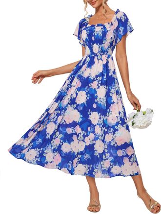 Grace Karin Women Summer Off-Shoulder Floral Maxi Dress Casual Short Sleeve A-Line Smocked Dress for Women UK Blue-Pink Flower S