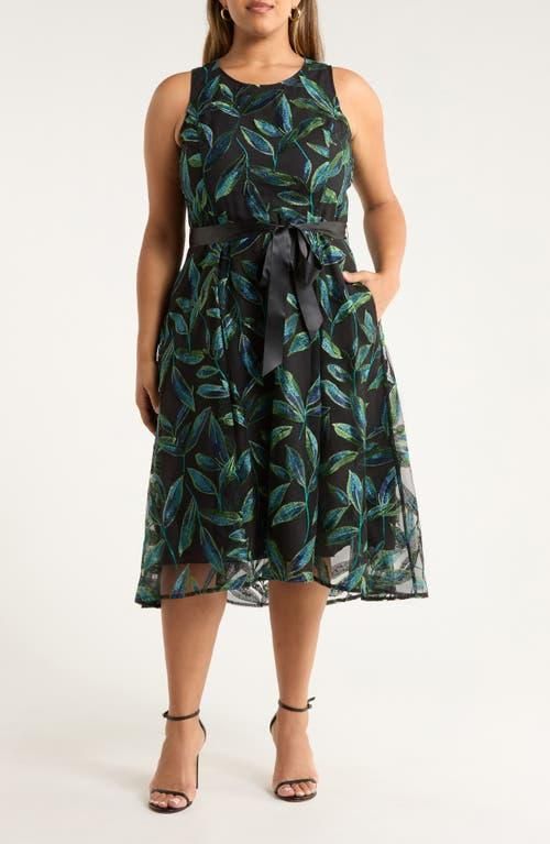 Tahari by ASL Embroidered Tie Waist Sleeveless Midi Dress in Black