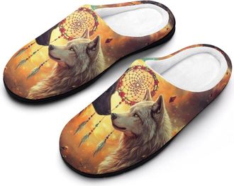 Generic Black And Wolf Dream Catcher Womens Slippers Warm House Slippers Indoor House Shoes with Anti-Skid Rubber Sole