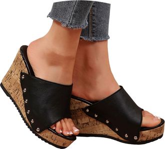 Generic Womens Platform Sandals Wedge Chunky Heel Slip-on Comfort Slides with Arch Support Cork Footbed Adjustable Buckle Summer Slide Sandals Vacation Dress 