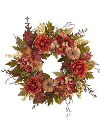 Nearly Natural 24in Peony Hydrangea And Pumpkin Fall Artificial