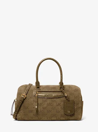 Michael Kors Jet Set Travel Medium Logo Embossed Suede Duffel Crossbody Bag