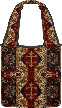Generic Vintage Red Catholic Pattern Reversible Canvas Shoulder Tote - Double-Sided Print, 12oz Cotton, 27cm Drop, Fold-Flat Bag for Travel, Shopping, Street 
