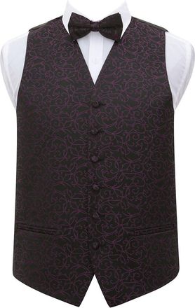 DQT Premium Woven Jacquard Swirl Black and Purple Mens Wedding Waistcoat Vest and Pre-tied Bow Tie 2 pc. Matching Set - 38