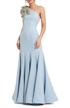 Mac Duggal Womens Crepe One Shoulder Gown With Flower Detail in Powder Blue at Nordstrom, Size 14