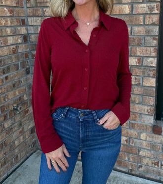 bobi Collared Button Front Knit Shirt In Oxblood