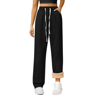 Generic Ladies Elasticated Waist Jeans, Womens Fleece Lined Jeans Winter Thermal Straight Wide Leg Sherpa Inner Denim Pants Elasticated High Waisted Baggy Jea