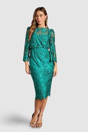 Coast Satin Lace Boat Neck Midi Dress in Emerald at Nordstrom, Size 10