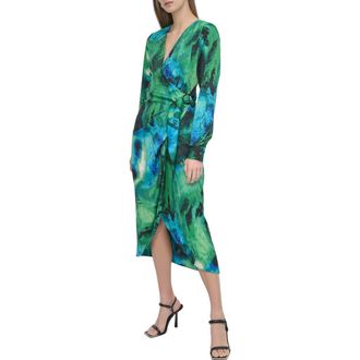 DKNY Long Sleeve Faux Wrap Midi Dress in Black/Green at Nordstrom Rack, Size 4