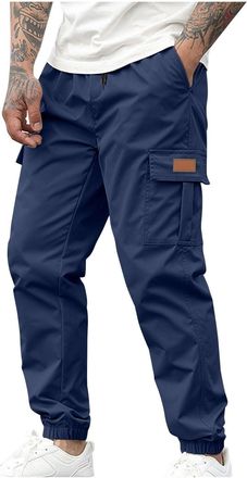 Generic Cargo Trousers Men Elasticated Cuffed Work Trousers Solid Color Breathable Sweatpants Regular Fit Cargo Pants with Pockets Joggers Outdoor Work Joggin