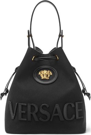 Versace La Medusa Canvas Bucket Bag in Black Versace Gold at Nordstrom