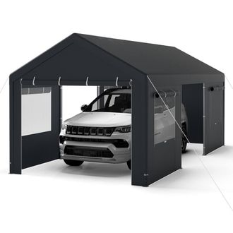 Costway Costway 10 x 19 FT Car Canopy w/ Roll-Up Windows & Removable Doors Car Shelter in Dark Grey