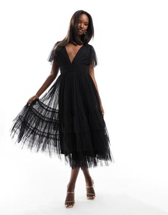 Lace & Beads Madison - Vestito da damigella midi in tulle nero con scollo a V