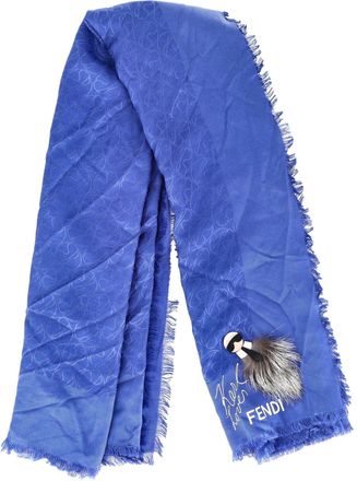 Fendi Pre-owned Womens Karlito Appliqued Scarf in Blue Silk - One Size