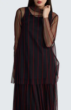 Luukaa D'Celli Noelle Striped Mesh Layered Blouse in Black Red at Nordstrom, Size 18