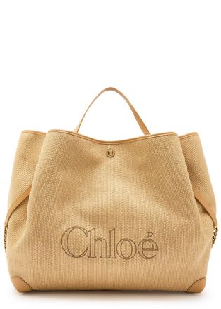 Chlo&eacute; Clover Medium Logo-embroidered Raffia Tote - Beige - One Size