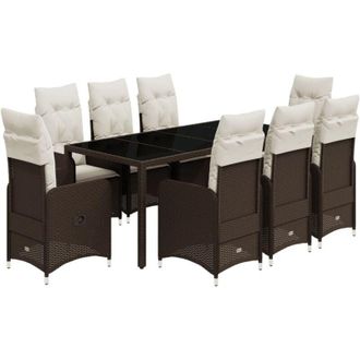 vidaXL Set De Mesa Y Sillas Jard&iacute;n 9 Piezas Y Cojines Rat&aacute;n Pe Marr&oacute;n Vidaxl