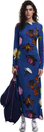 Desigual Roma Large Flower Asymmetric Midi Dress 25SWVW25 Blue