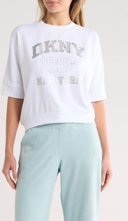 DKNY Rhinestone 1989 Logo Short Sleeve Crop Sweatshirt in White at Nordstrom Rack, Size X-Small