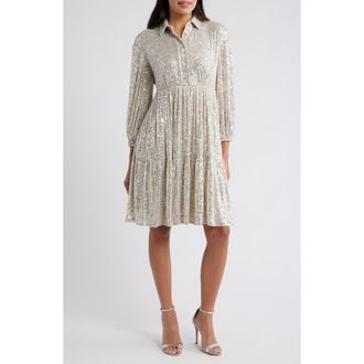 Eliza J Sequin Stripe Shirtdress in Silver at Nordstrom Rack, Size 2