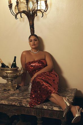 endless rose Strapless Sequin Midi Dress