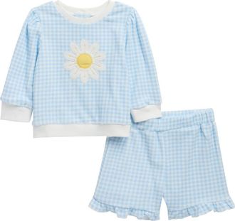 Little Me Kids Daisy Appliqu&eacute; Cotton Blend Gingham Top & Shorts Set in Blue at Nordstrom, Size 24M