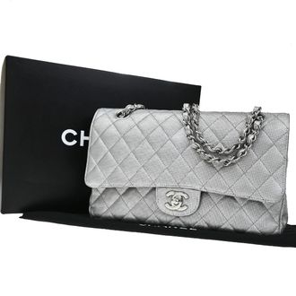 Chanel Classic Timeless Double Flap Pixel Effect Quilted Calfskin Silver Leather Handbag (Pre-Owned)