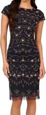 Adrianna Papell Womens Beaded Mini Sheath Dress In Navy/rosegold