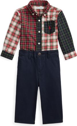 Ralph Lauren Plaid Poplin Button-Down Shirt & Pants Set in Red/Blue Multi at Nordstrom, Size 12M