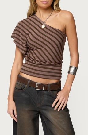 Edikted Stripe One-Shoulder Crop Top in Brown at Nordstrom, Size X-Large
