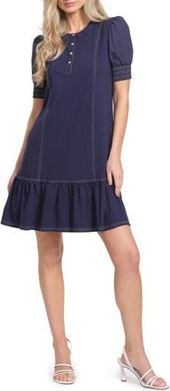 Isaac Mizrahi New York Top Stitch Detail Drop Waist Stretch Cotton Dress in Navy at Nordstrom, Size X-Small