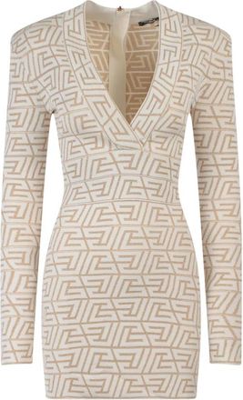 Balmain Gebreide Monogram Jurk - Dames - Korte kleedjes - Beige - S - Nylon - Kleedjes
