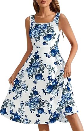 Generic Spaghetti Strap Dresses For Women Uk, Midi Dresses A-Line Dress Cocktail Dress Square Neck Sundresses Sleeveless Sundresses Knee Length Sundress Flowe